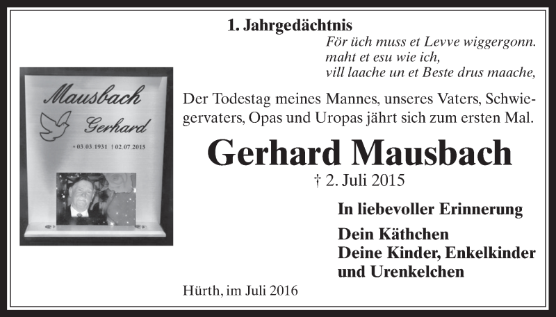  Traueranzeige für Gerhard Mausbach vom 02.07.2016 aus  Sonntags-Post 
