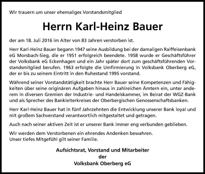  Traueranzeige für Karl-Heinz Bauer vom 21.07.2016 aus Kölner Stadt-Anzeiger / Kölnische Rundschau / Express