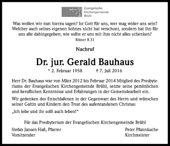 Anzeige von Gerald Bauhaus von Kölner Stadt-Anzeiger / Kölnische Rundschau / Express