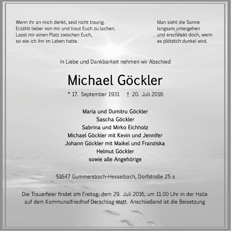  Traueranzeige für Michael Göckler vom 27.07.2016 aus  Anzeigen Echo 
