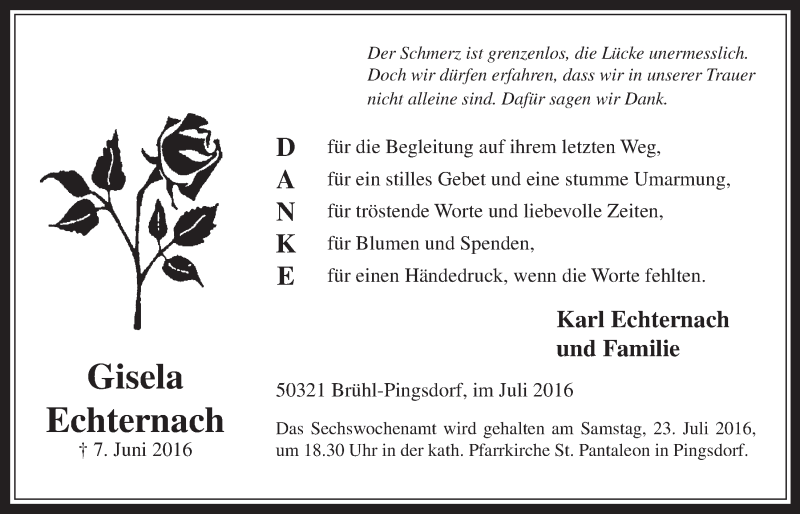  Traueranzeige für Gisela Echternach vom 13.07.2016 aus  Schlossbote/Werbekurier 