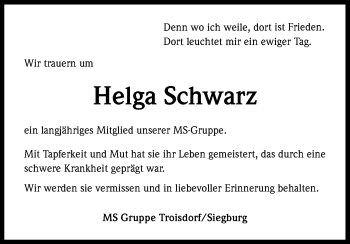 Anzeige von Helga Schwarz von Kölner Stadt-Anzeiger / Kölnische Rundschau / Express