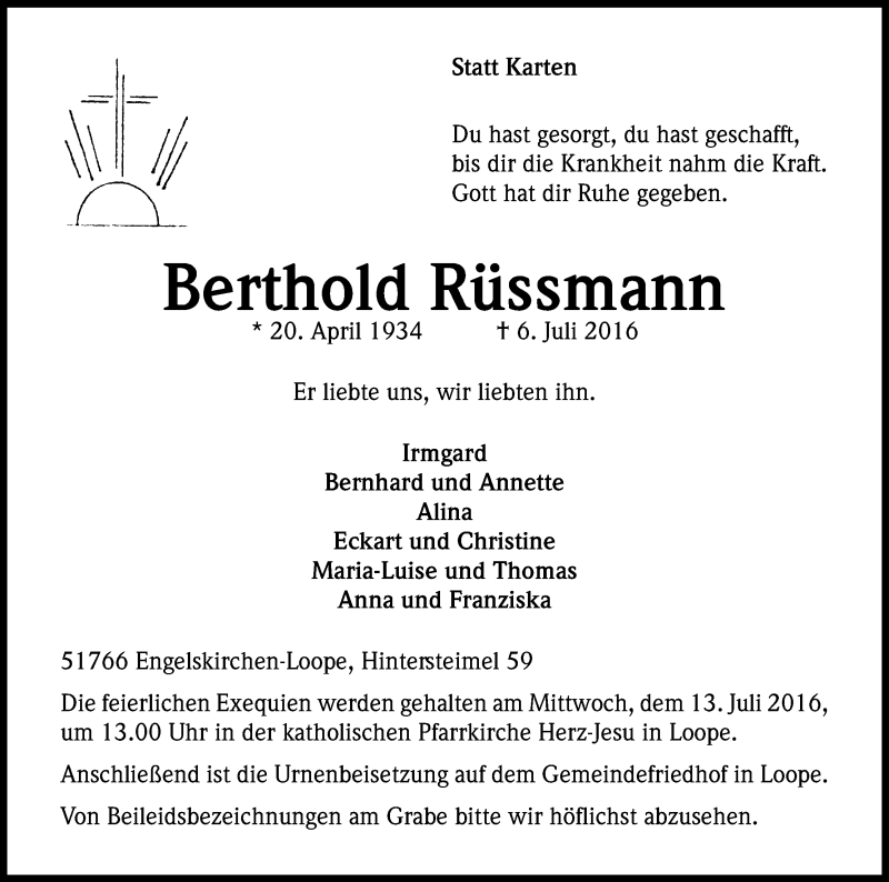  Traueranzeige für Berthold Rüssmann vom 11.07.2016 aus Kölner Stadt-Anzeiger / Kölnische Rundschau / Express