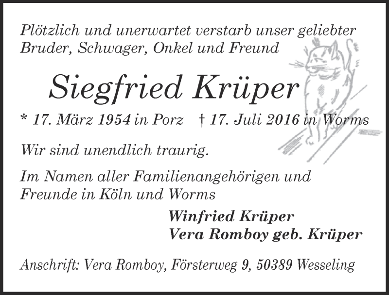  Traueranzeige für Siegfried Krüper vom 27.07.2016 aus  Kölner Wochenspiegel 