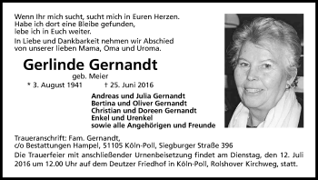 Anzeige von Gerlinde Gernandt von Kölner Stadt-Anzeiger / Kölnische Rundschau / Express