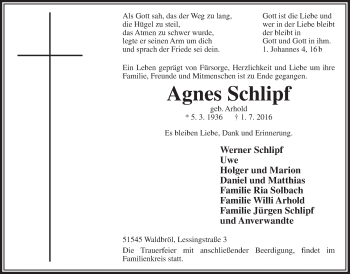 Anzeige von Agnes Schlipf von  Lokalanzeiger 