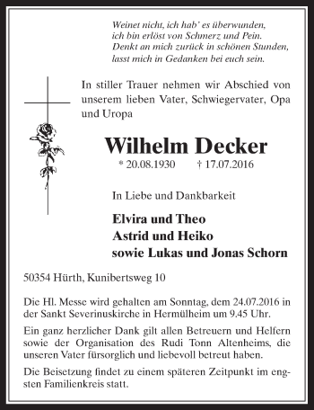 Anzeige von Wilhelm Decker von  Wochenende 
