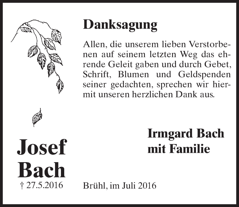  Traueranzeige für Josef Bach vom 06.07.2016 aus  Schlossbote/Werbekurier 