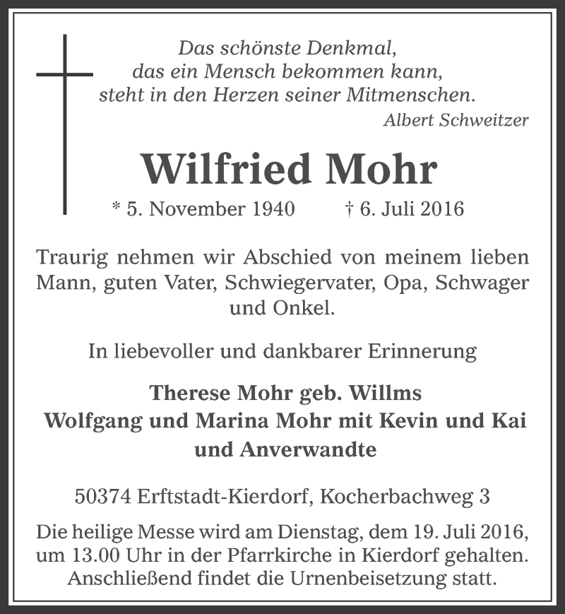  Traueranzeige für Wilfried Mohr vom 13.07.2016 aus  Werbepost 