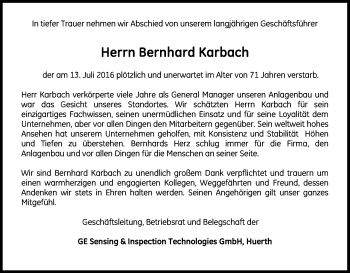 Anzeige von Bernhard Karbach von Kölner Stadt-Anzeiger / Kölnische Rundschau / Express