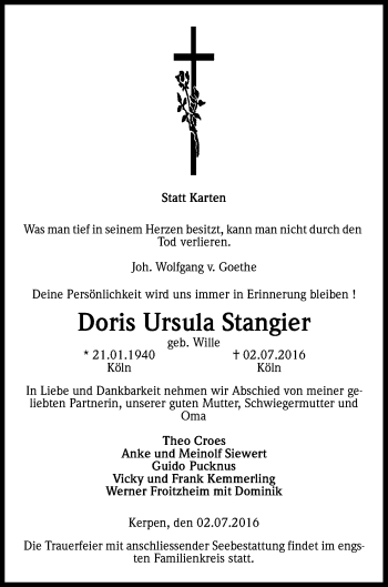 Anzeige von Doris Ursula Stangier von Kölner Stadt-Anzeiger / Kölnische Rundschau / Express