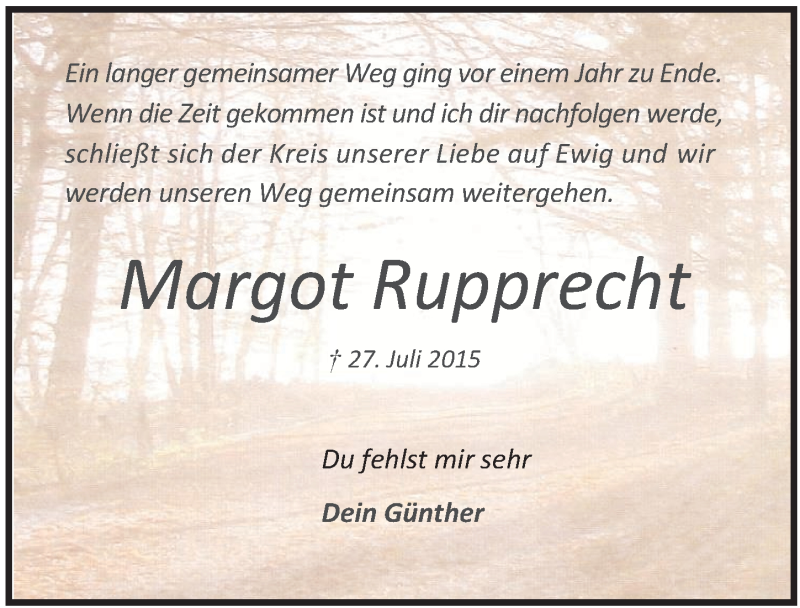  Traueranzeige für Margot Rupprecht vom 27.07.2016 aus  Extra Blatt 