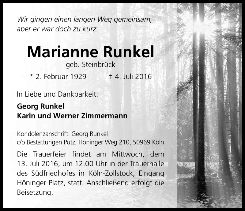  Traueranzeige für Marianne Runkel vom 09.07.2016 aus Kölner Stadt-Anzeiger / Kölnische Rundschau / Express
