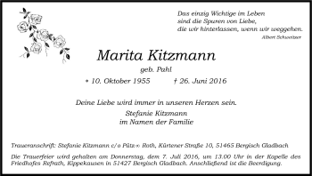 Anzeige von Marita Kitzmann von Kölner Stadt-Anzeiger / Kölnische Rundschau / Express