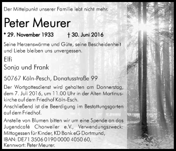 Anzeige von Peter Meurer von Kölner Stadt-Anzeiger / Kölnische Rundschau / Express