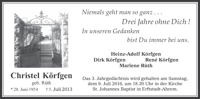  Traueranzeige für Christel Körfgen vom 06.07.2016 aus  Werbepost 