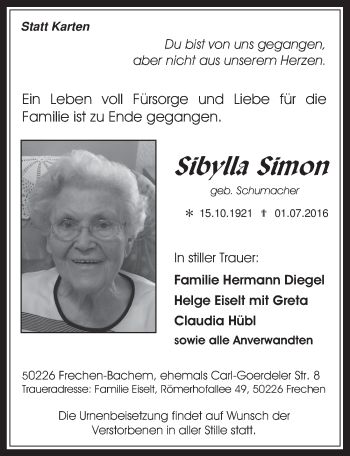 Anzeige von Sibylla Simon von  Wochenende 