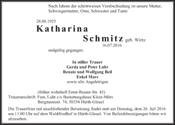 Anzeige von Katharina Schmitz von  Wochenende 
