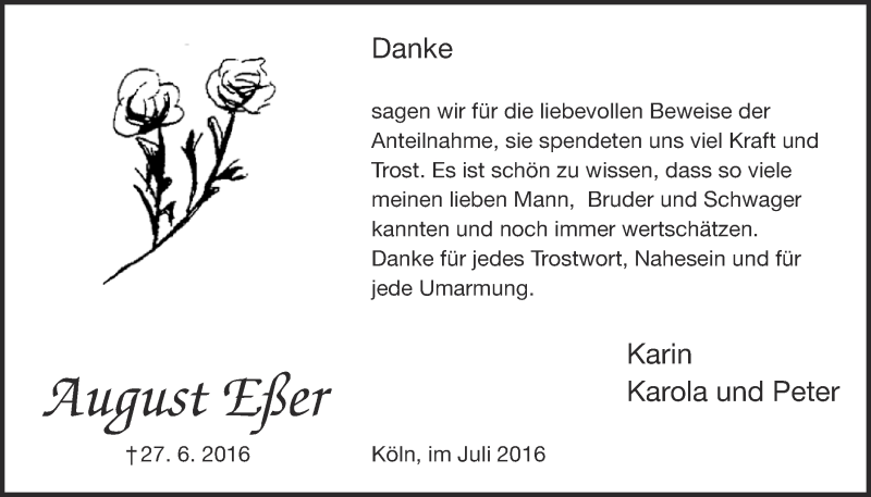  Traueranzeige für August Eßer vom 20.07.2016 aus  Kölner Wochenspiegel 