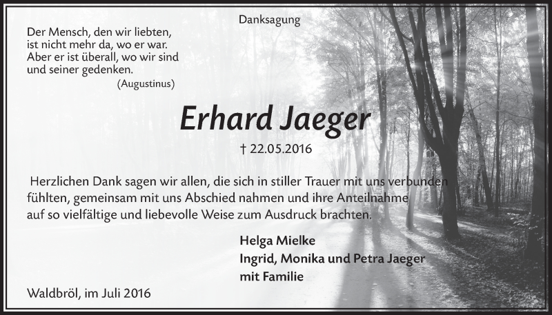  Traueranzeige für Erhard Jaeger vom 13.07.2016 aus  Lokalanzeiger 