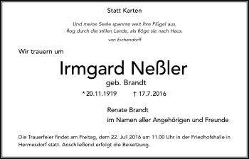 Anzeige von Irmgard Neßler von  Lokalanzeiger 