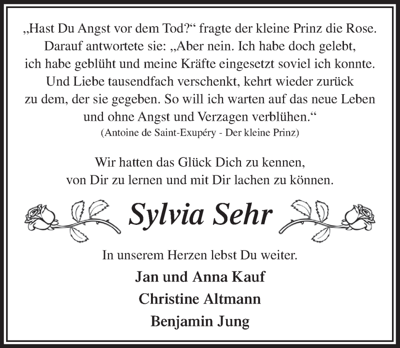  Traueranzeige für Sylvia Sehr vom 27.07.2016 aus  Lokale Informationen 