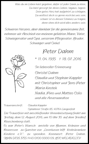 Anzeige von Peter Dahm von Kölner Stadt-Anzeiger / Kölnische Rundschau / Express