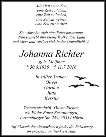 Anzeige von Johanna Richter von Kölner Stadt-Anzeiger / Kölnische Rundschau / Express
