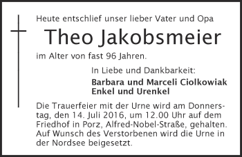 Anzeige von Theo Jakobsmeier von  Kölner Wochenspiegel 