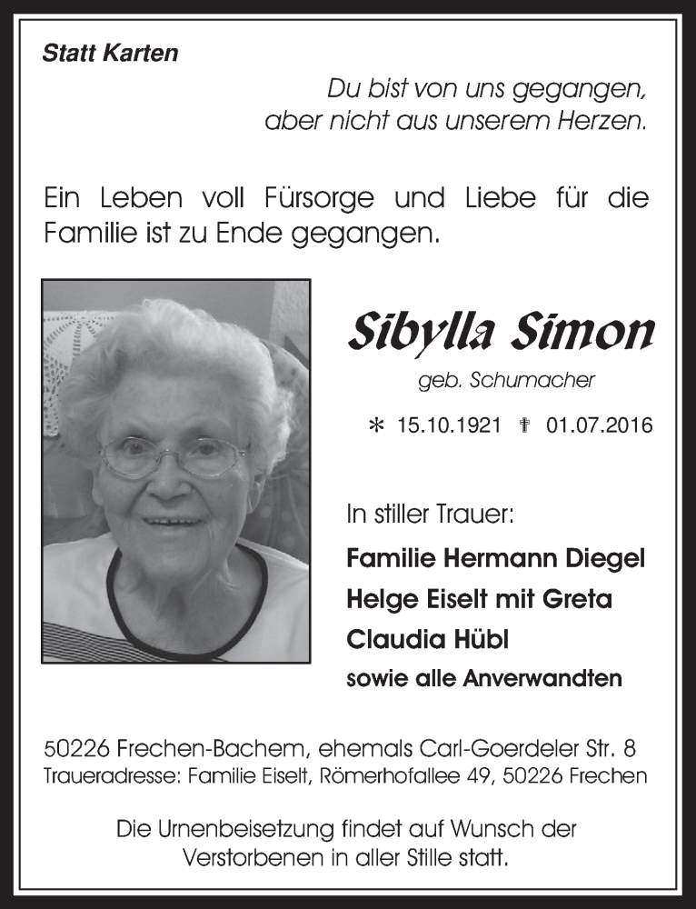  Traueranzeige für Sibylla Simon vom 06.07.2016 aus  Wochenende 