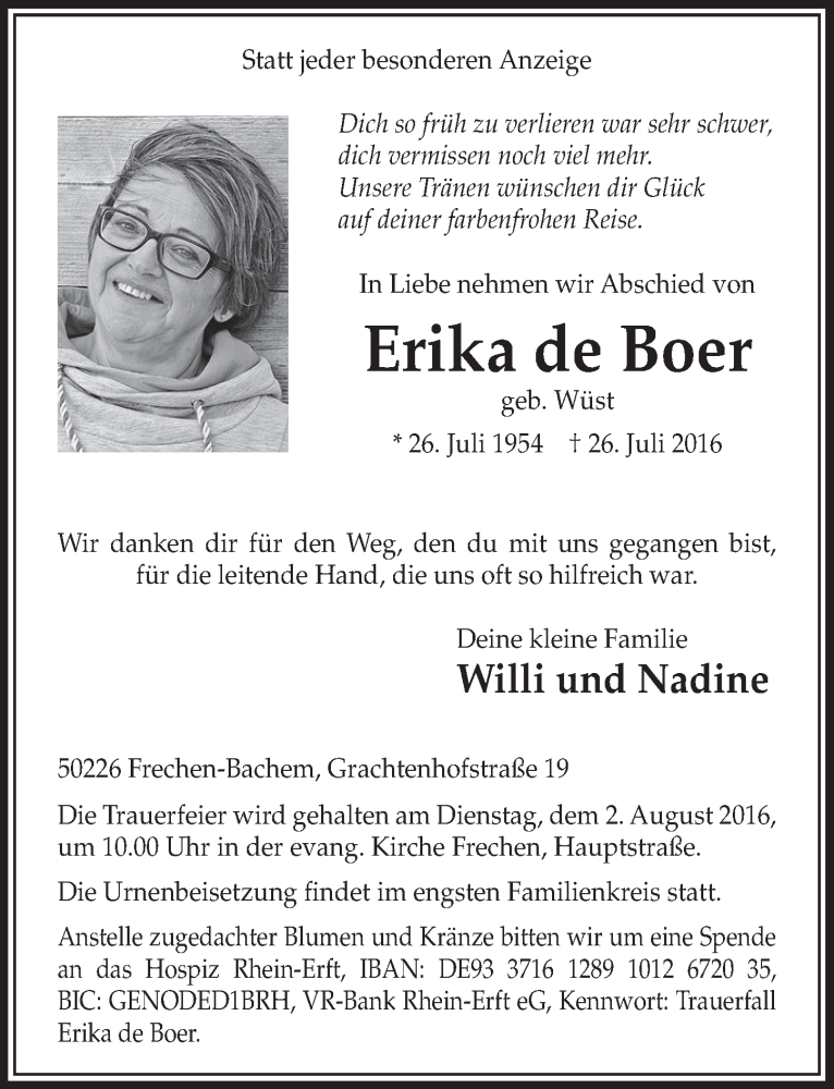  Traueranzeige für Erika de Boer vom 30.07.2016 aus  Sonntags-Post 