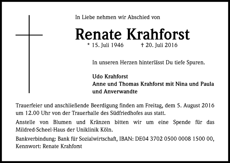  Traueranzeige für Renate Krahforst vom 30.07.2016 aus Kölner Stadt-Anzeiger / Kölnische Rundschau / Express