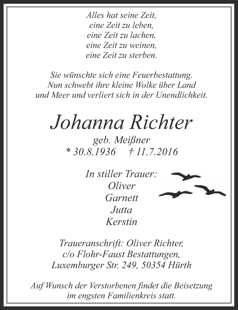  Traueranzeige für Johanna Richter vom 20.07.2016 aus  Wochenende 