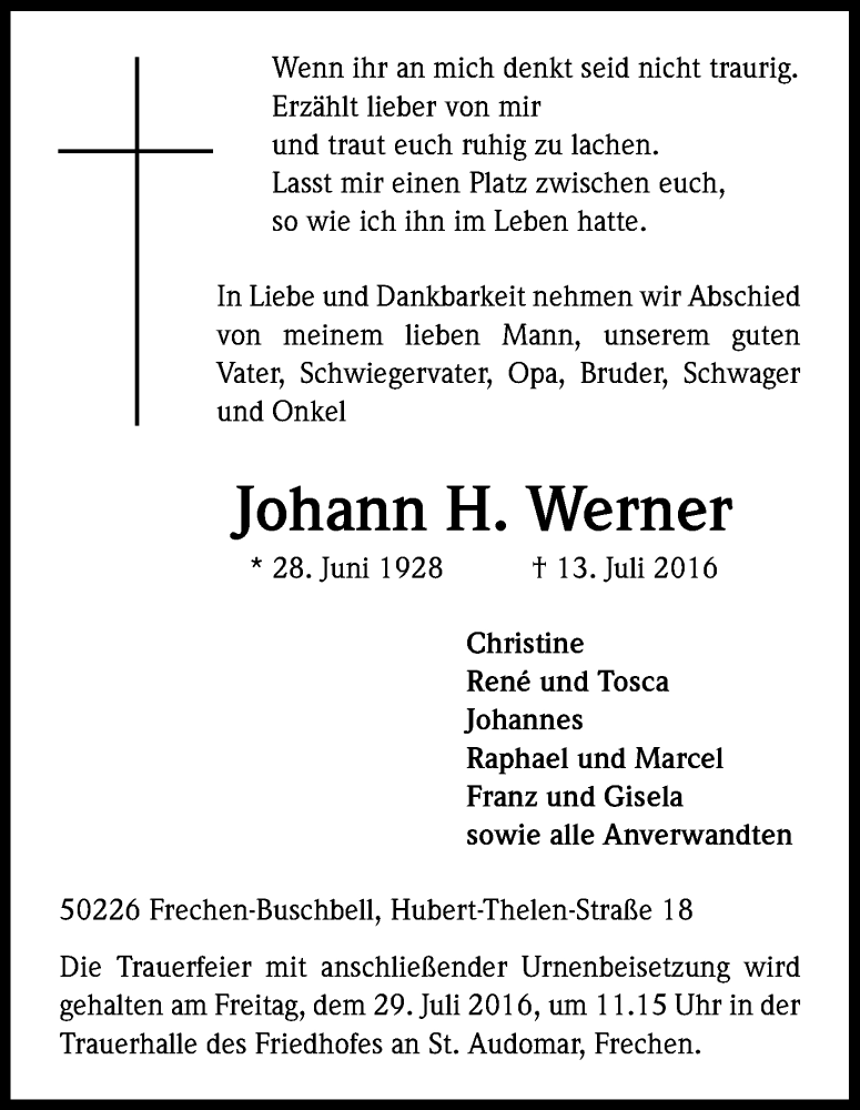  Traueranzeige für Johann Werner vom 23.07.2016 aus Kölner Stadt-Anzeiger / Kölnische Rundschau / Express