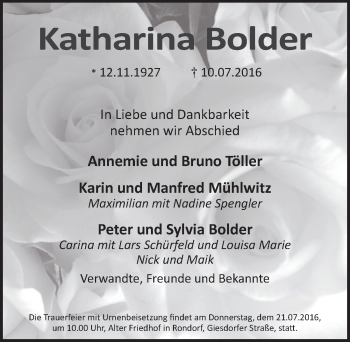 Anzeige von Katharina Bolder von  Kölner Wochenspiegel 