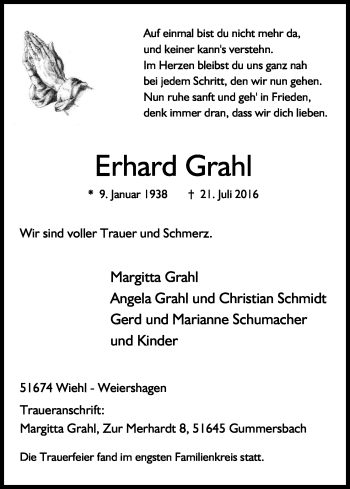 Anzeige von Erhard Grahl von Kölner Stadt-Anzeiger / Kölnische Rundschau / Express
