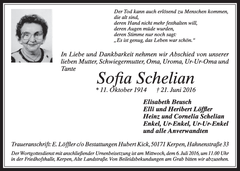  Traueranzeige für Sofia Schelian vom 02.07.2016 aus  Sonntags-Post 