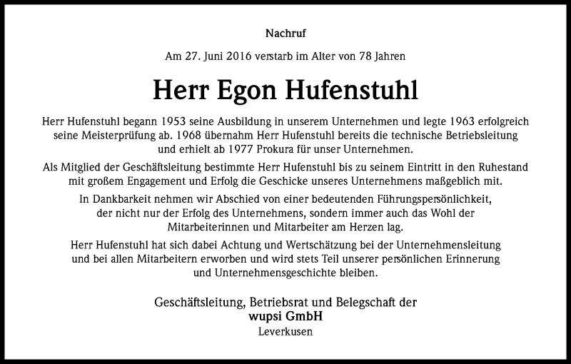  Traueranzeige für Egon Hufenstuhl vom 08.07.2016 aus Kölner Stadt-Anzeiger / Kölnische Rundschau / Express