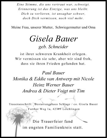 Anzeige von Gisela Bauer von Kölner Stadt-Anzeiger / Kölnische Rundschau / Express