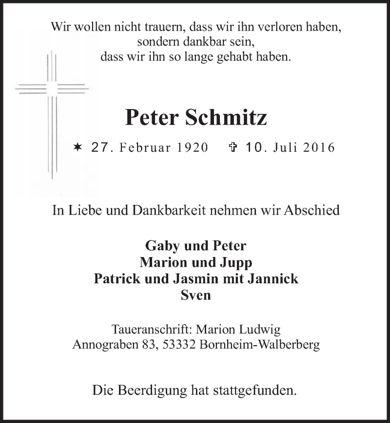  Traueranzeige für Peter Schmitz vom 20.07.2016 aus  Kölner Wochenspiegel 