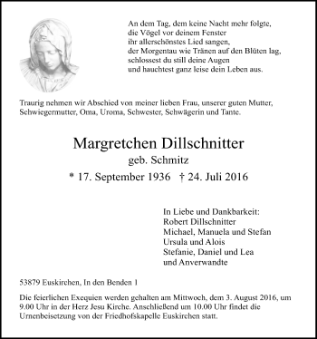 Anzeige von Margretchen Dillschnitter von  Blickpunkt Euskirchen 