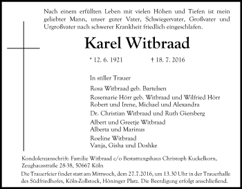 Anzeige von Karel Witbraad von Kölner Stadt-Anzeiger / Kölnische Rundschau / Express