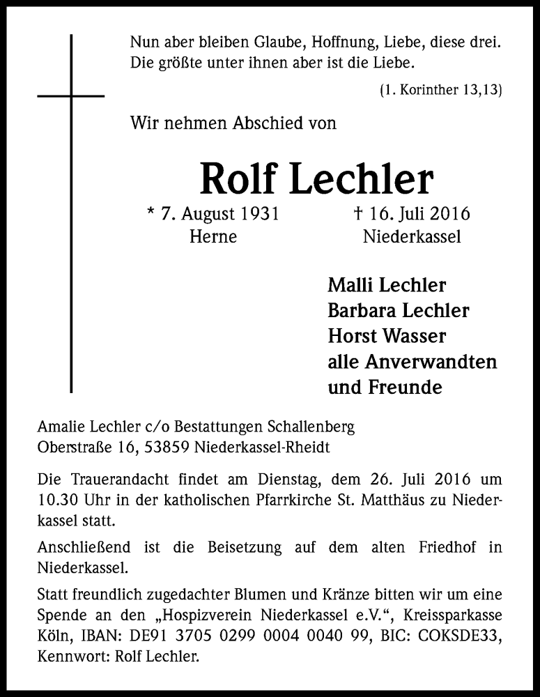  Traueranzeige für Rolf Lechler vom 22.07.2016 aus Kölner Stadt-Anzeiger / Kölnische Rundschau / Express