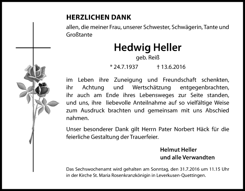  Traueranzeige für Hedwig Heller vom 09.07.2016 aus Kölner Stadt-Anzeiger / Kölnische Rundschau / Express