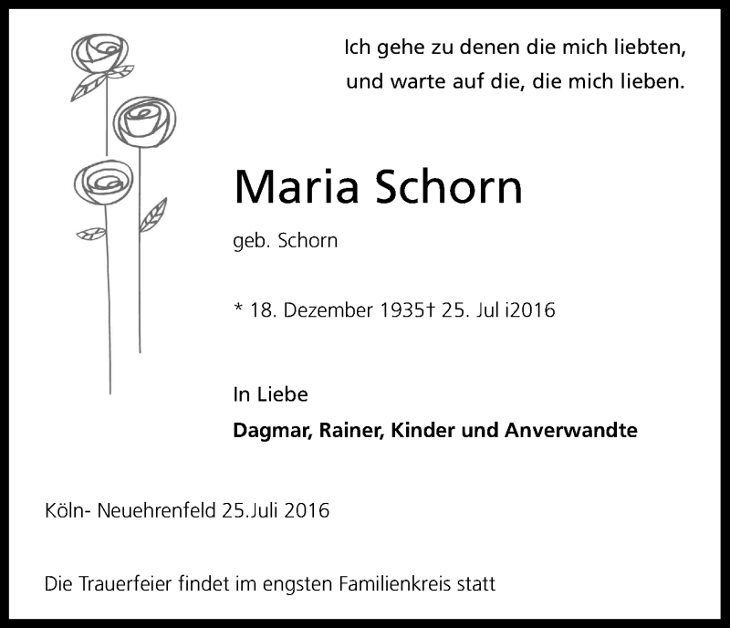  Traueranzeige für Maria Schorn vom 27.07.2016 aus Kölner Stadt-Anzeiger / Kölnische Rundschau / Express