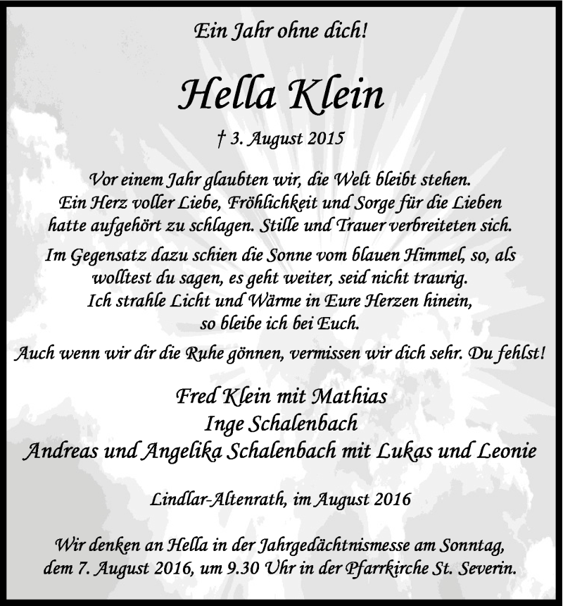 Traueranzeige für Hella Klein vom 30.07.2016 aus Kölner Stadt-Anzeiger / Kölnische Rundschau / Express