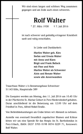 Anzeige von Rolf Walter von Kölner Stadt-Anzeiger / Kölnische Rundschau / Express