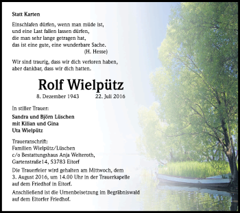 Anzeige von Rolf Wielpütz von Kölner Stadt-Anzeiger / Kölnische Rundschau / Express