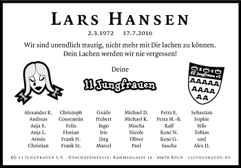 Anzeige von Lars Hansen von Kölner Stadt-Anzeiger / Kölnische Rundschau / Express