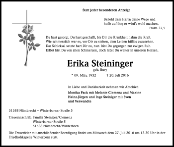 Anzeige von Erika Steininger von Kölner Stadt-Anzeiger / Kölnische Rundschau / Express